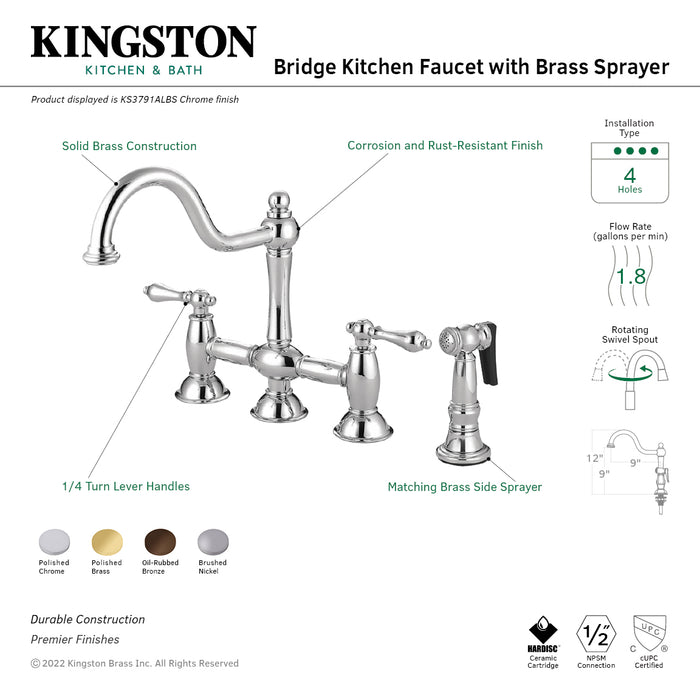 Restoration KS3791ALBS Two-Handle 4-Hole Deck Mount Bridge Kitchen Faucet with Brass Side Sprayer, Polished Chrome