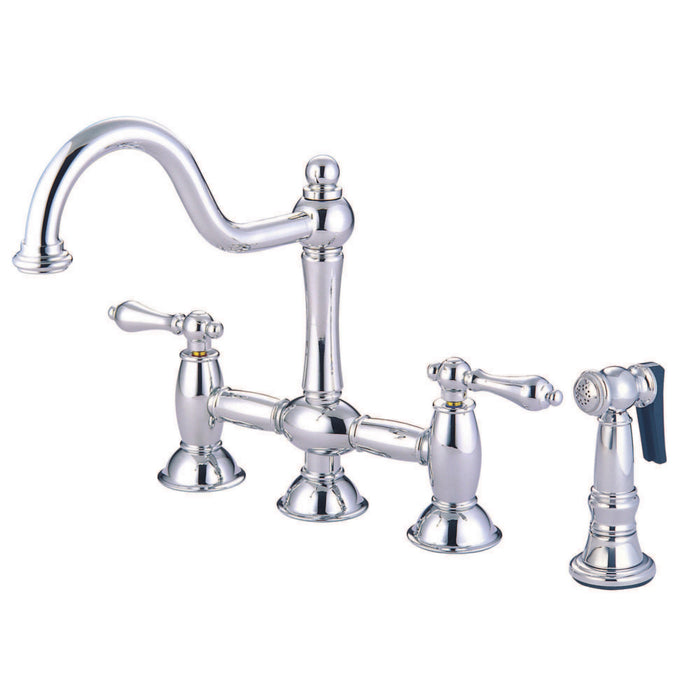 Restoration KS3791ALBS Two-Handle 4-Hole Deck Mount Bridge Kitchen Faucet with Brass Side Sprayer, Polished Chrome