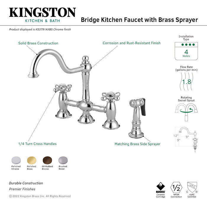 Restoration KS3791AXBS Two-Handle 4-Hole Deck Mount Bridge Kitchen Faucet with Brass Side Sprayer, Polished Chrome