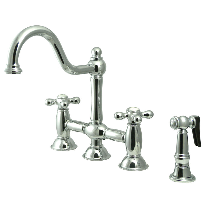 Restoration KS3791AXBS Two-Handle 4-Hole Deck Mount Bridge Kitchen Faucet with Brass Side Sprayer, Polished Chrome