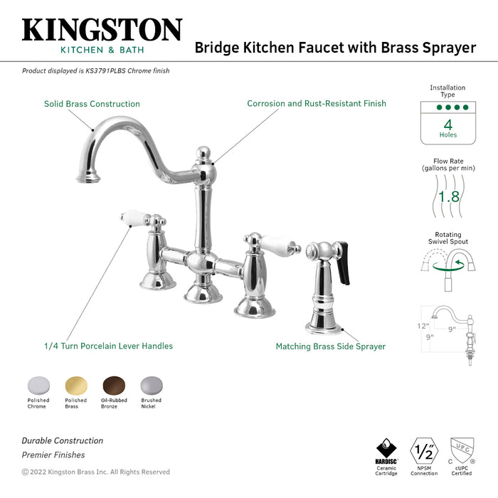 Restoration KS3791PLBS Two-Handle 4-Hole Deck Mount Bridge Kitchen Faucet with Brass Side Sprayer, Polished Chrome