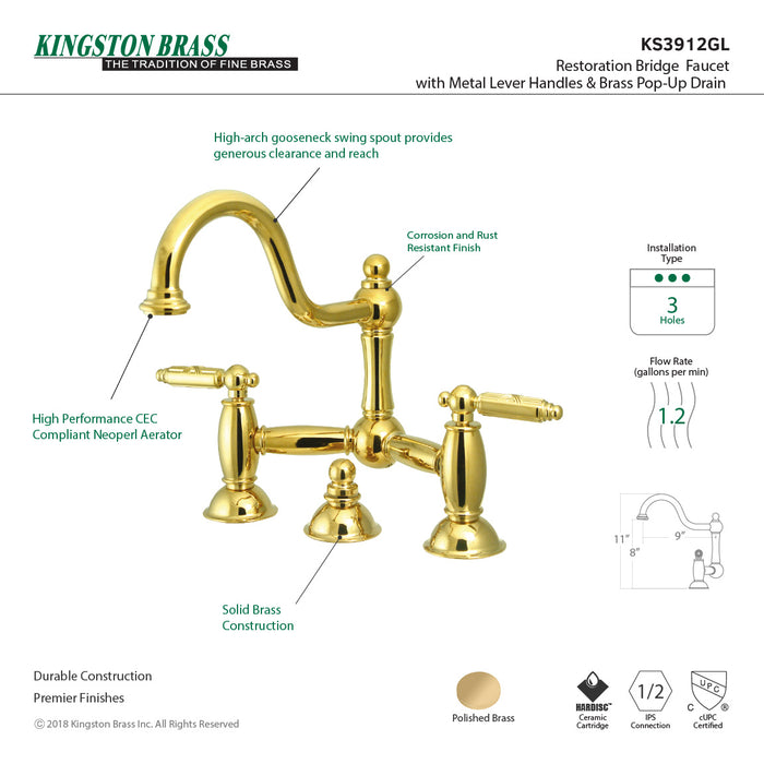 Restoration KS3912GL Two-Handle 3-Hole Deck Mount Bridge Bathroom Faucet with Brass Pop-Up, Polished Brass