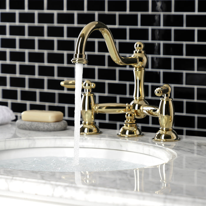 Restoration KS3912GL Two-Handle 3-Hole Deck Mount Bridge Bathroom Faucet with Brass Pop-Up, Polished Brass