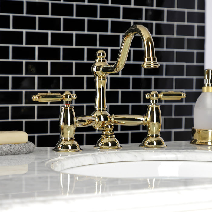 Restoration KS3912GL Two-Handle 3-Hole Deck Mount Bridge Bathroom Faucet with Brass Pop-Up, Polished Brass