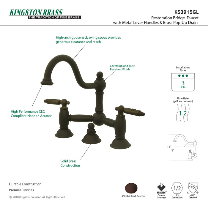 Restoration KS3915GL Two-Handle 3-Hole Deck Mount Bridge Bathroom Faucet with Brass Pop-Up, Oil Rubbed Bronze