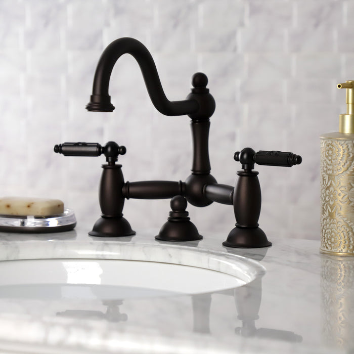 Restoration KS3915GL Two-Handle 3-Hole Deck Mount Bridge Bathroom Faucet with Brass Pop-Up, Oil Rubbed Bronze