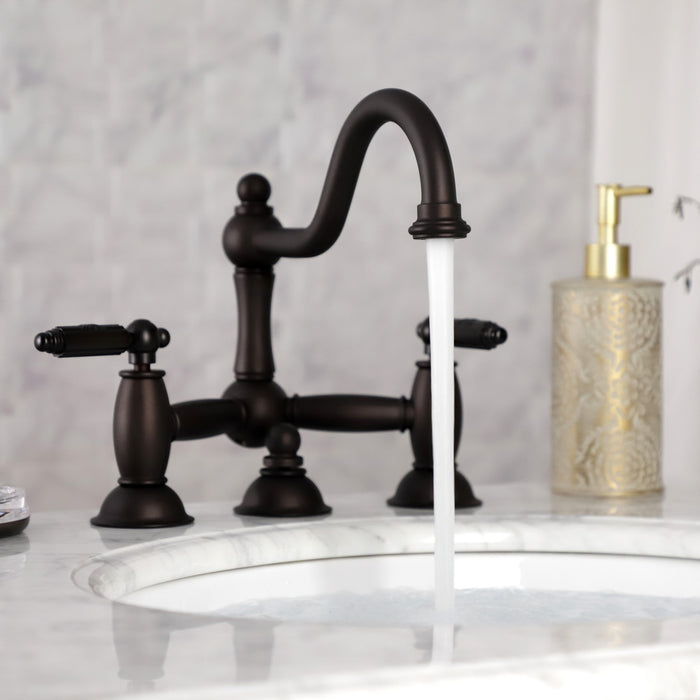 Restoration KS3915GL Two-Handle 3-Hole Deck Mount Bridge Bathroom Faucet with Brass Pop-Up, Oil Rubbed Bronze