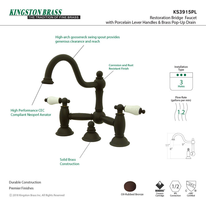 Restoration KS3915PL Two-Handle 3-Hole Deck Mount Bridge Bathroom Faucet with Brass Pop-Up, Oil Rubbed Bronze