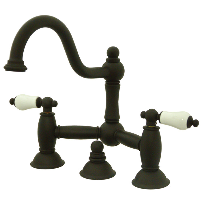 Restoration KS3915PL Two-Handle 3-Hole Deck Mount Bridge Bathroom Faucet with Brass Pop-Up, Oil Rubbed Bronze