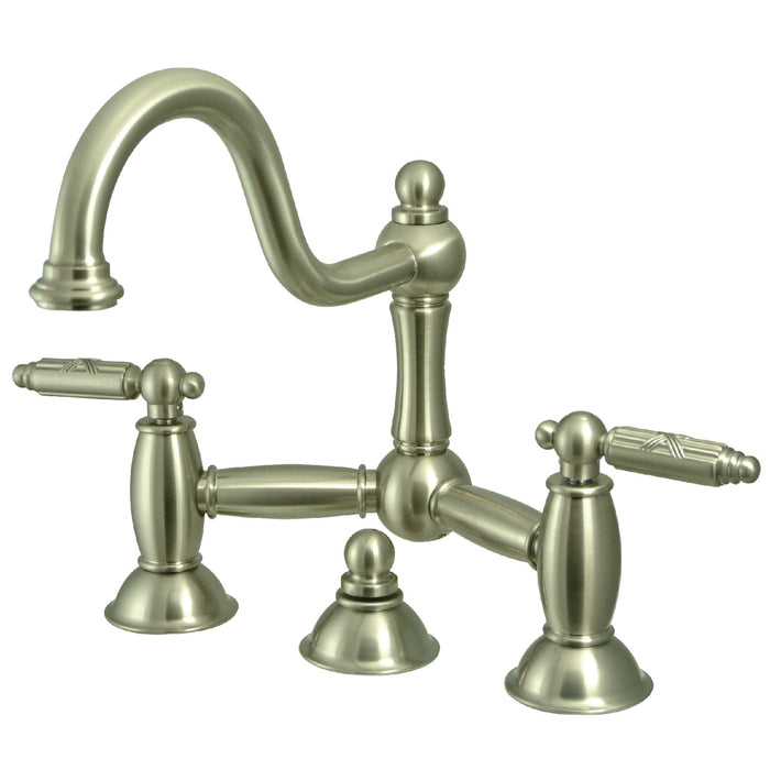 Restoration KS3918GL Two-Handle 3-Hole Deck Mount Bridge Bathroom Faucet with Brass Pop-Up, Brushed Nickel