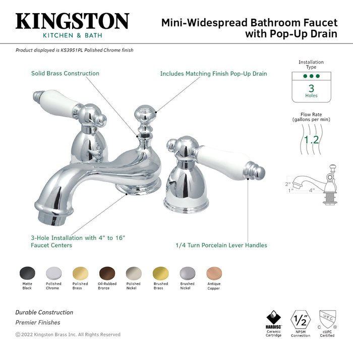 Restoration KS3951PL Two-Handle 3-Hole Deck Mount Mini-Widespread Bathroom Faucet with Brass Pop-Up, Polished Chrome