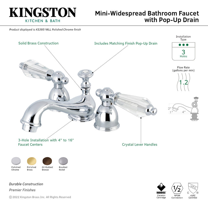 Wilshire KS3952WLL Two-Handle 3-Hole Deck Mount Mini-Widespread Bathroom Faucet with Brass Pop-Up, Polished Brass