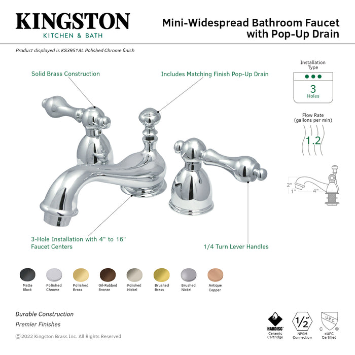 Restoration KS395ALAC Two-Handle 3-Hole Deck Mount Mini-Widespread Bathroom Faucet with Brass Pop-Up, Antique Copper