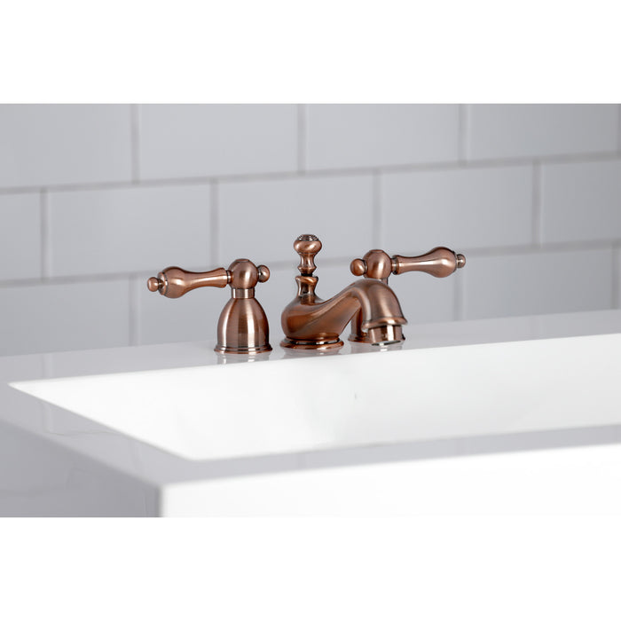 Restoration KS395ALAC Two-Handle 3-Hole Deck Mount Mini-Widespread Bathroom Faucet with Brass Pop-Up, Antique Copper