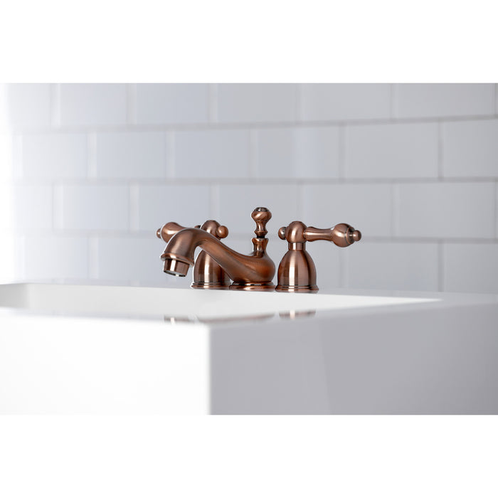 Restoration KS395ALAC Two-Handle 3-Hole Deck Mount Mini-Widespread Bathroom Faucet with Brass Pop-Up, Antique Copper