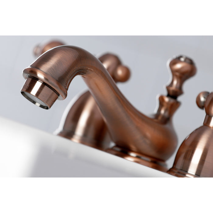 Restoration KS395ALAC Two-Handle 3-Hole Deck Mount Mini-Widespread Bathroom Faucet with Brass Pop-Up, Antique Copper