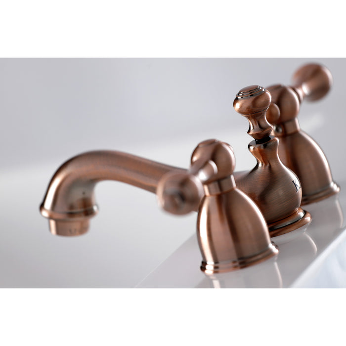 Restoration KS395ALAC Two-Handle 3-Hole Deck Mount Mini-Widespread Bathroom Faucet with Brass Pop-Up, Antique Copper