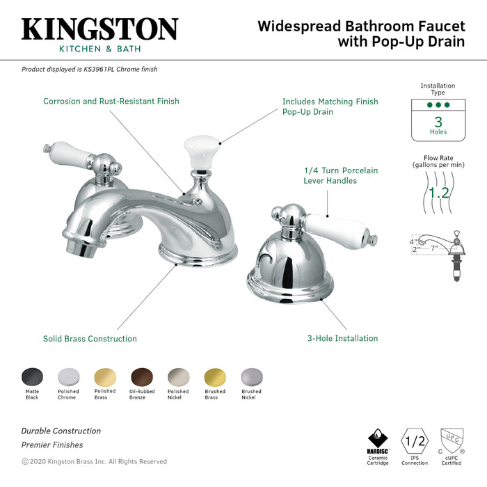 Restoration KS3961PL Two-Handle 3-Hole Deck Mount Widespread Bathroom Faucet with Brass Pop-Up Drain, Polished Chrome