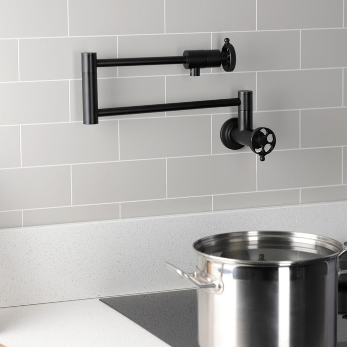 Wendell KS4100RKZ Two-Handle 1-Hole Wall Mount Pot Filler with Knurled Handle, Matte Black