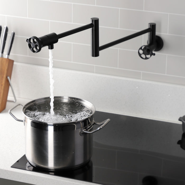 Wendell KS4100RKZ Two-Handle 1-Hole Wall Mount Pot Filler with Knurled Handle, Matte Black