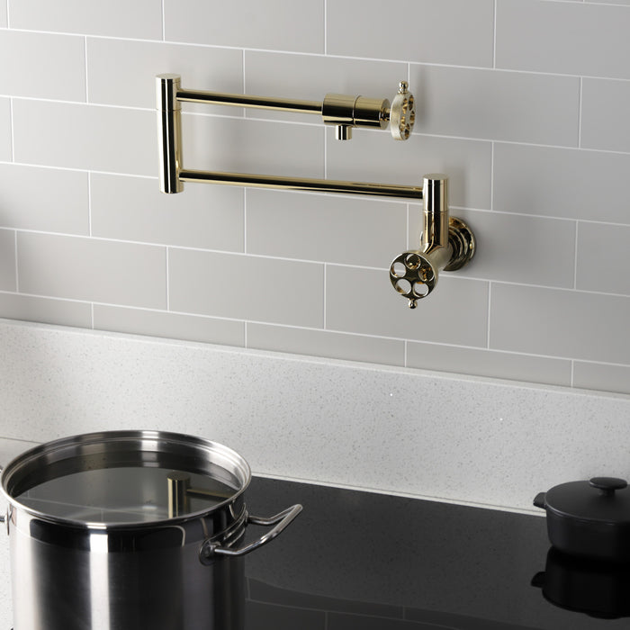 Wendell KS4102RKZ Two-Handle 1-Hole Wall Mount Pot Filler with Knurled Handle, Polished Brass