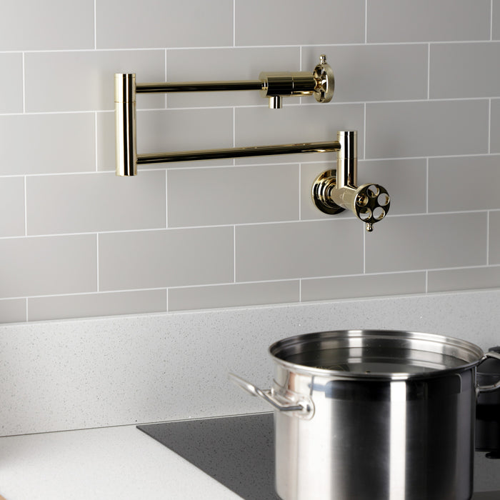 Wendell KS4102RKZ Two-Handle 1-Hole Wall Mount Pot Filler with Knurled Handle, Polished Brass