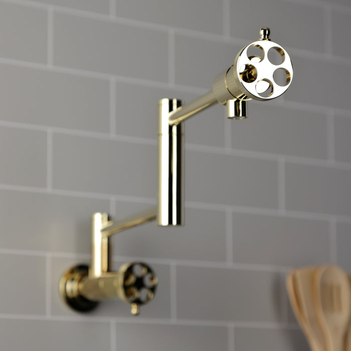 Wendell KS4102RKZ Two-Handle 1-Hole Wall Mount Pot Filler with Knurled Handle, Polished Brass