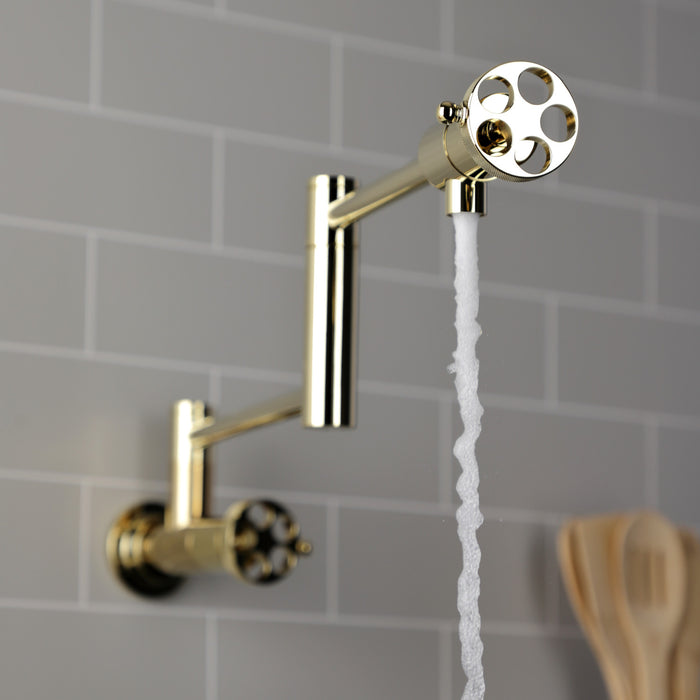 Wendell KS4102RKZ Two-Handle 1-Hole Wall Mount Pot Filler with Knurled Handle, Polished Brass