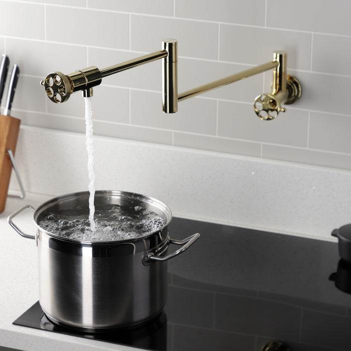 Wendell KS4102RKZ Two-Handle 1-Hole Wall Mount Pot Filler with Knurled Handle, Polished Brass