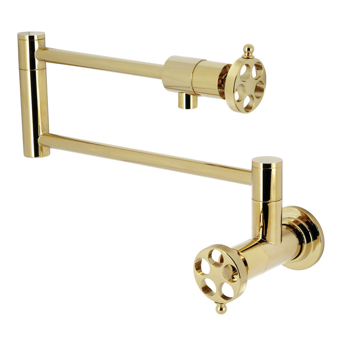 Wendell KS4102RKZ Two-Handle 1-Hole Wall Mount Pot Filler with Knurled Handle, Polished Brass