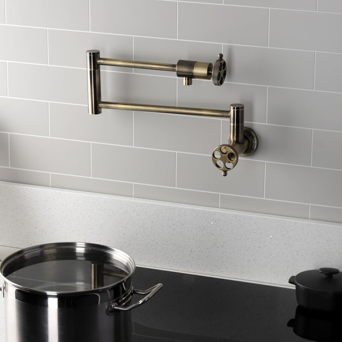 Wendell KS4103RKZ Two-Handle 1-Hole Wall Mount Pot Filler with Knurled Handle, Antique Brass