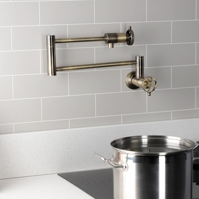 Wendell KS4103RKZ Two-Handle 1-Hole Wall Mount Pot Filler with Knurled Handle, Antique Brass