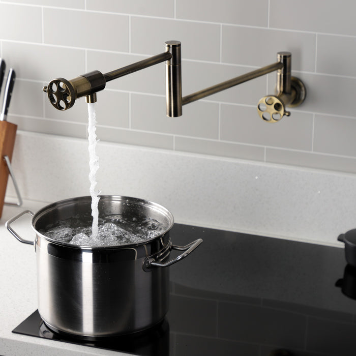 Wendell KS4103RKZ Two-Handle 1-Hole Wall Mount Pot Filler with Knurled Handle, Antique Brass