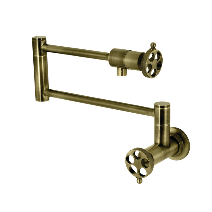 Wendell KS4103RKZ Two-Handle 1-Hole Wall Mount Pot Filler with Knurled Handle, Antique Brass