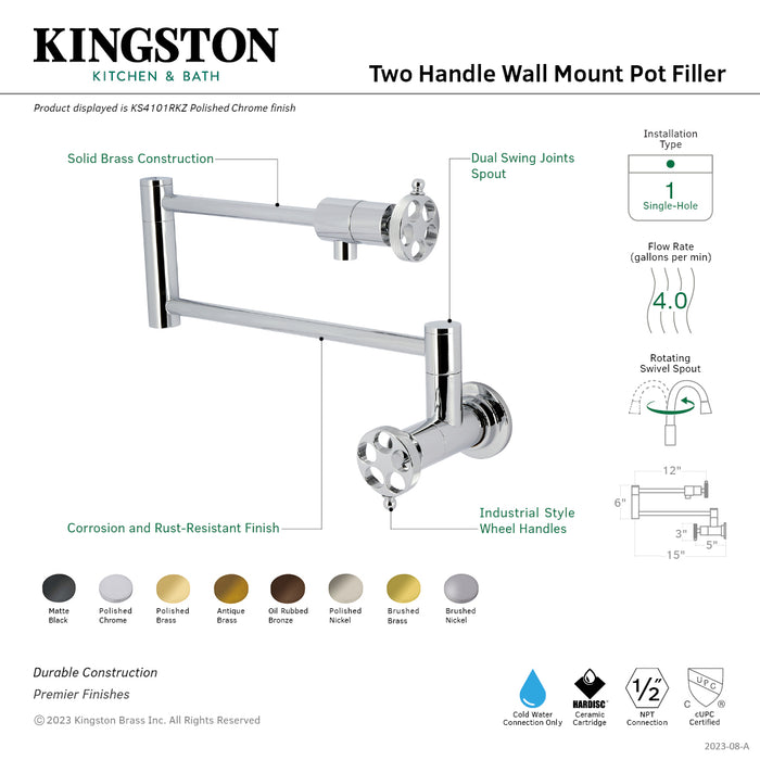 Wendell KS4105RKZ Two-Handle 1-Hole Wall Mount Pot Filler with Knurled Handle, Oil Rubbed Bronze