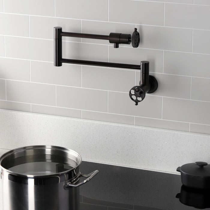 Wendell KS4105RKZ Two-Handle 1-Hole Wall Mount Pot Filler with Knurled Handle, Oil Rubbed Bronze