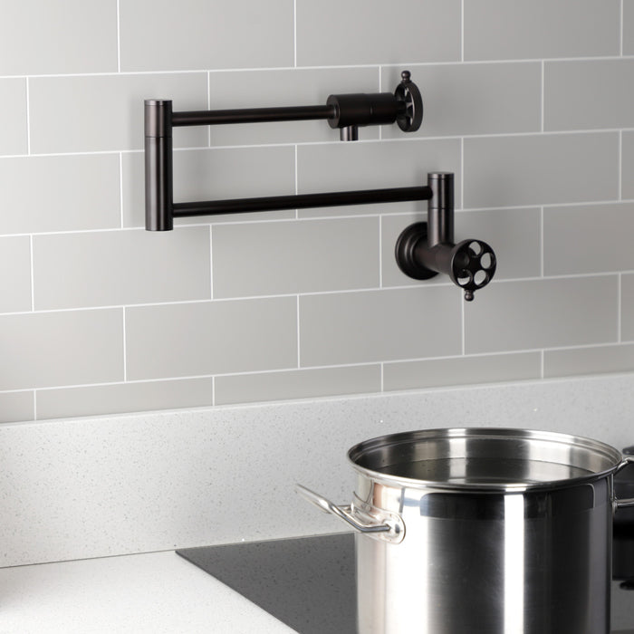 Wendell KS4105RKZ Two-Handle 1-Hole Wall Mount Pot Filler with Knurled Handle, Oil Rubbed Bronze