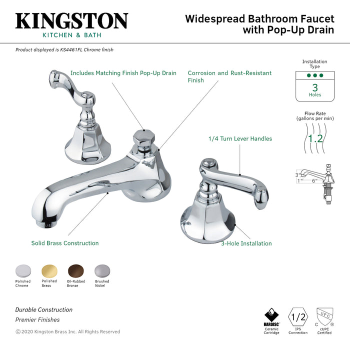 Royale KS4461FL Two-Handle 3-Hole Deck Mount Widespread Bathroom Faucet with Brass Pop-Up Drain, Polished Chrome