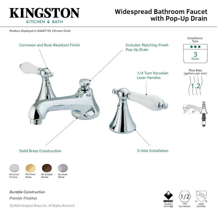 KS4471PL Two-Handle 3-Hole Deck Mount Widespread Bathroom Faucet with Brass Pop-Up Drain, Polished Chrome