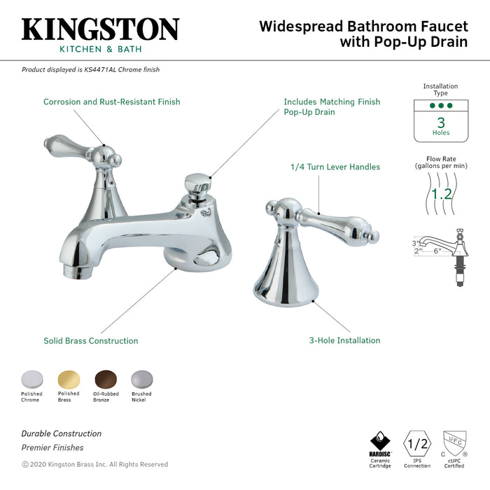 KS4472AL Two-Handle 3-Hole Deck Mount Widespread Bathroom Faucet with Brass Pop-Up Drain, Polished Brass