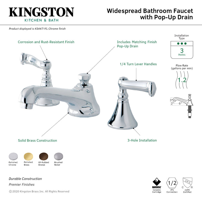 KS4472FL Two-Handle 3-Hole Deck Mount Widespread Bathroom Faucet with Brass Pop-Up Drain, Polished Brass