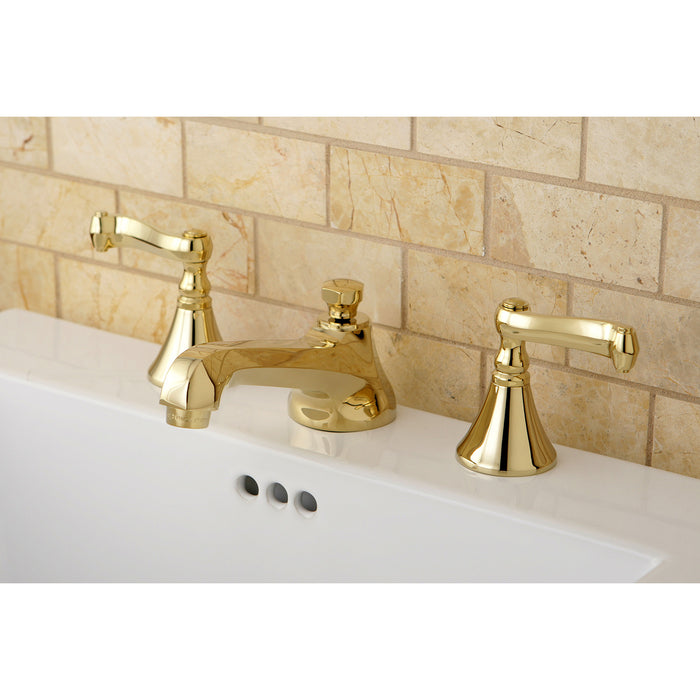 KS4472FL Two-Handle 3-Hole Deck Mount Widespread Bathroom Faucet with Brass Pop-Up Drain, Polished Brass