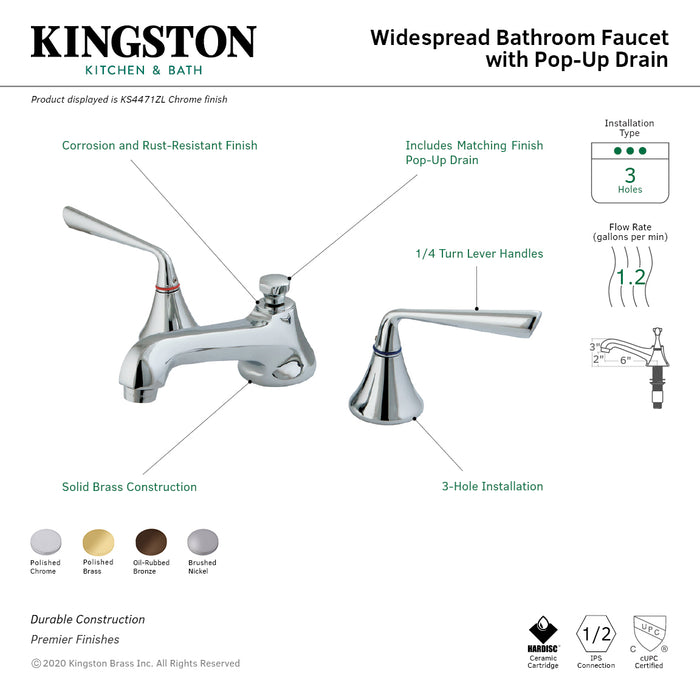 KS4472ZL Two-Handle 3-Hole Deck Mount Widespread Bathroom Faucet with Brass Pop-Up Drain, Polished Brass