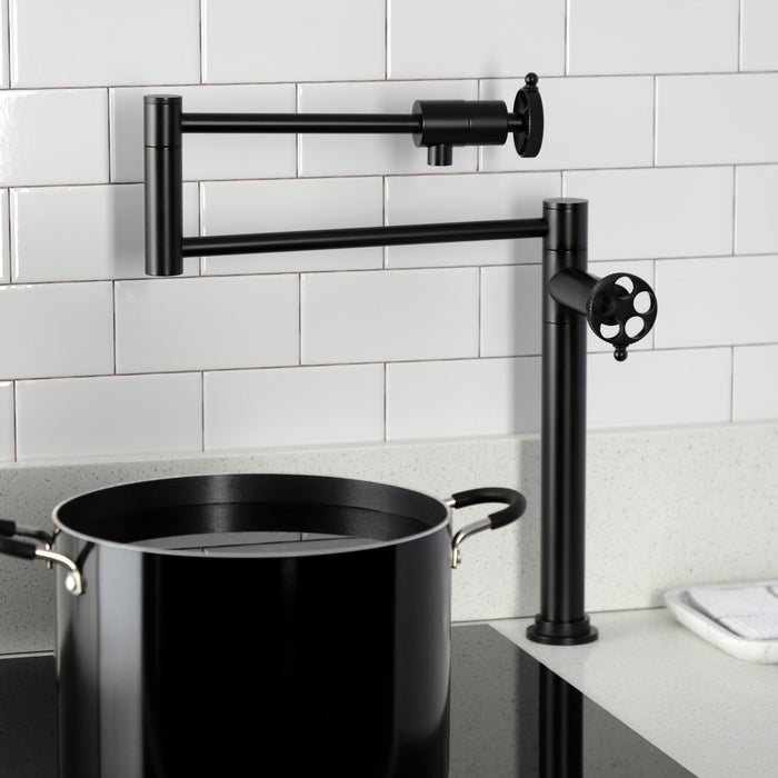 Webb KS4700RKX Two-Handle 1-Hole Deck Mount Pot Filler Faucet with Knurled Handle, Matte Black