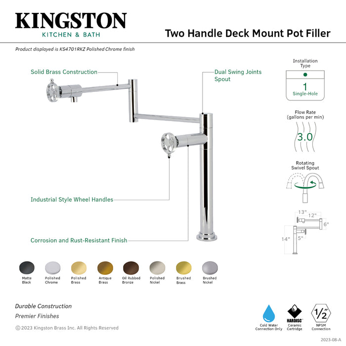 Wendell KS4706RKZ Two-Handle 1-Hole Deck Mount Pot Filler Faucet with Knurled Handle, Polished Nickel