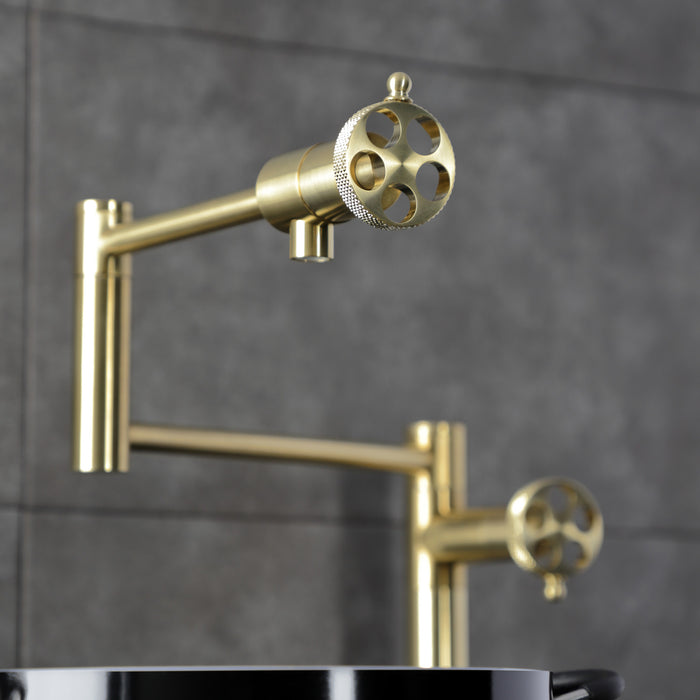 Webb KS4707RKX Two-Handle 1-Hole Deck Mount Pot Filler Faucet with Knurled Handle, Brushed Brass