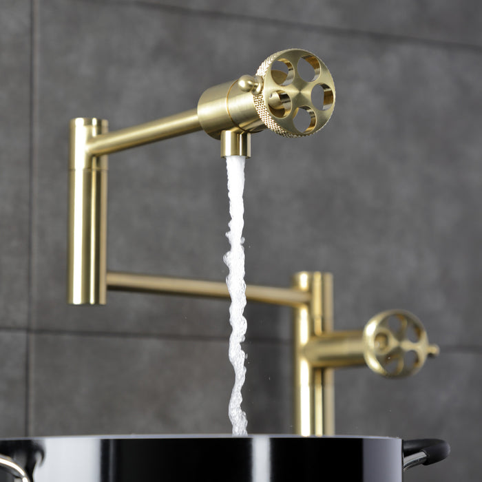 Webb KS4707RKX Two-Handle 1-Hole Deck Mount Pot Filler Faucet with Knurled Handle, Brushed Brass