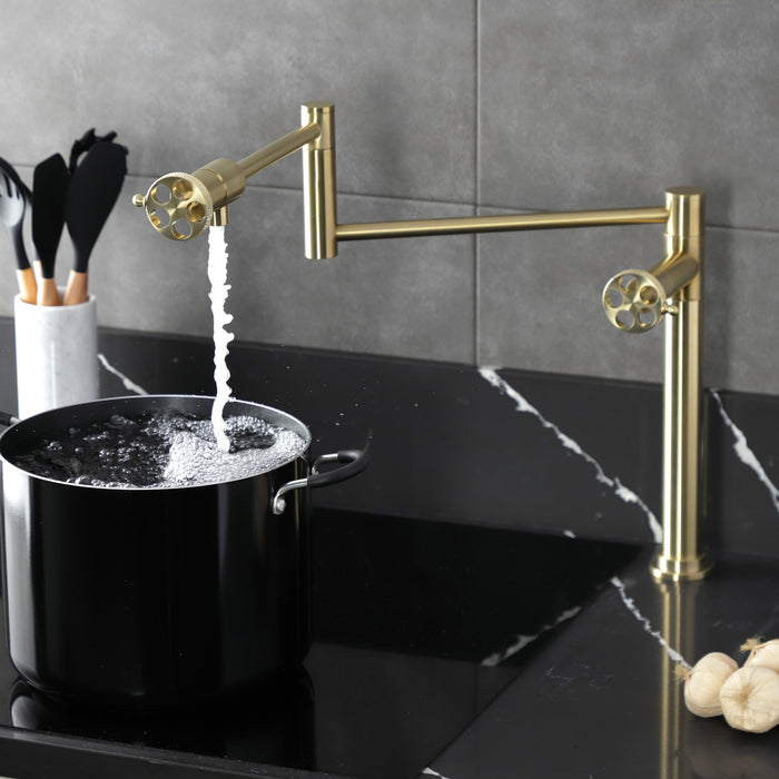 Webb KS4707RKX Two-Handle 1-Hole Deck Mount Pot Filler Faucet with Knurled Handle, Brushed Brass