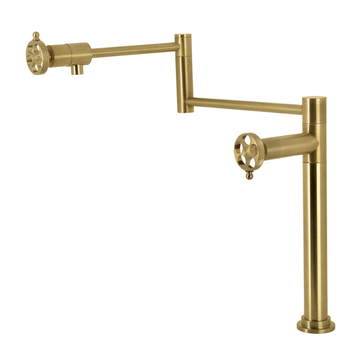 Webb KS4707RKX Two-Handle 1-Hole Deck Mount Pot Filler Faucet with Knurled Handle, Brushed Brass