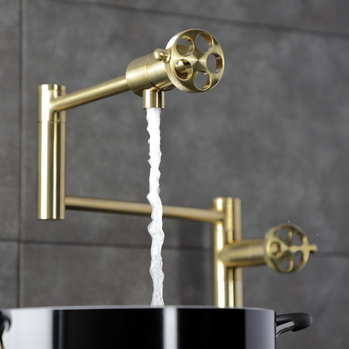 Wendell KS4707RKZ Two-Handle 1-Hole Deck Mount Pot Filler Faucet with Knurled Handle, Brushed Brass